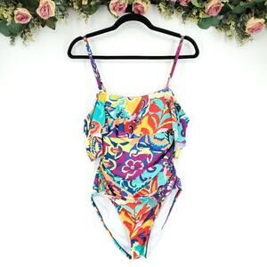 Tahari Baroque Floral Off-The-Shoulder One-Piece Swimsuit Size Medium